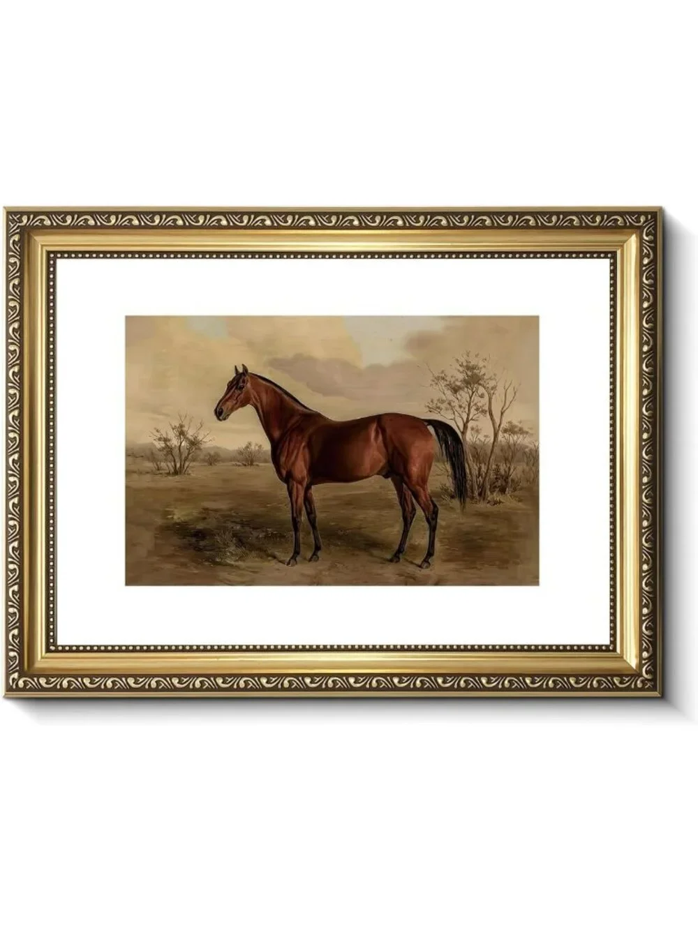 Vintage Two-Tone Gold Framed Majestic Brown Horse Canvas Wall Art, Ready to